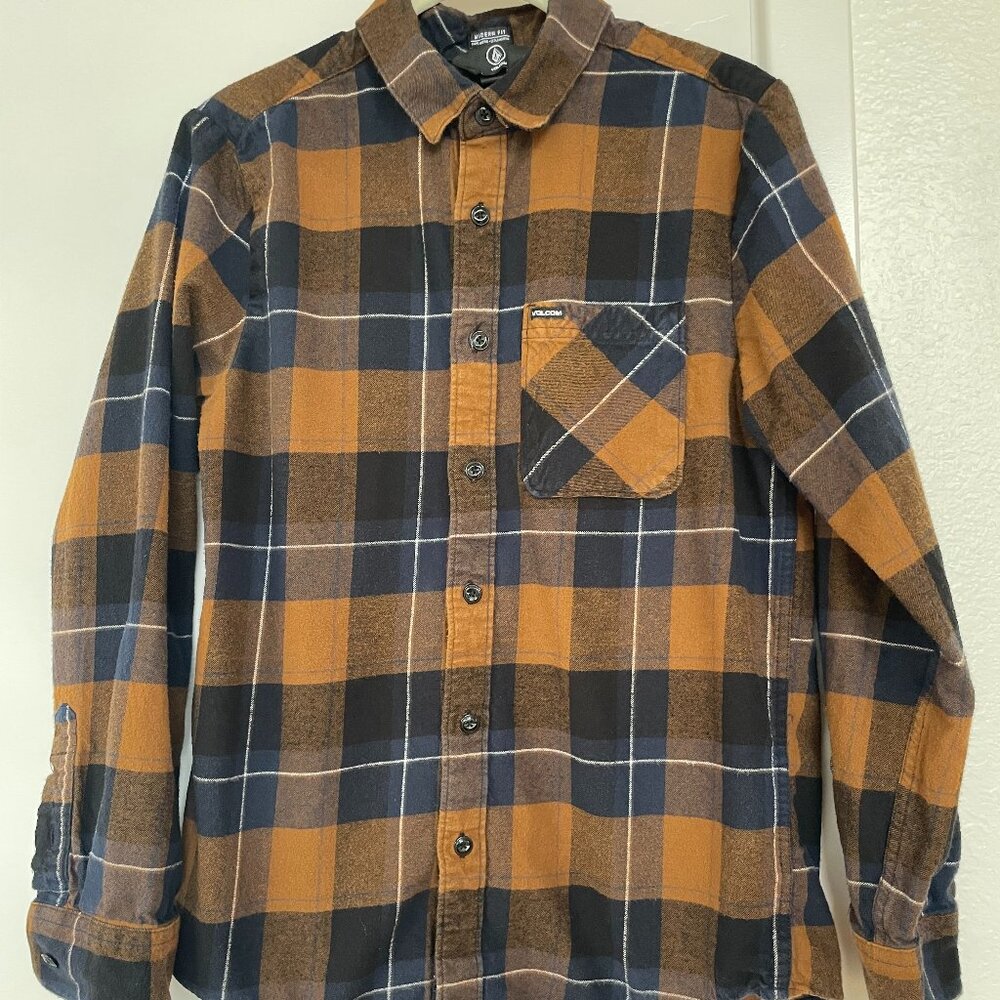 Volcom Caden‎ Plaid Modern Fit Button Up Top in Orange, Black, Long Sleeve, S